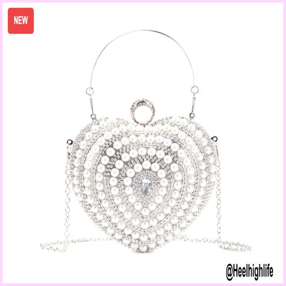 Heart Shape Evening Clutch with Pearl Rhinestone Detachable Chain Strap